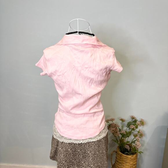 NWT Cute vintage y2k pink tight short sleeve v neck polo baby tee - Picture 5 of 6